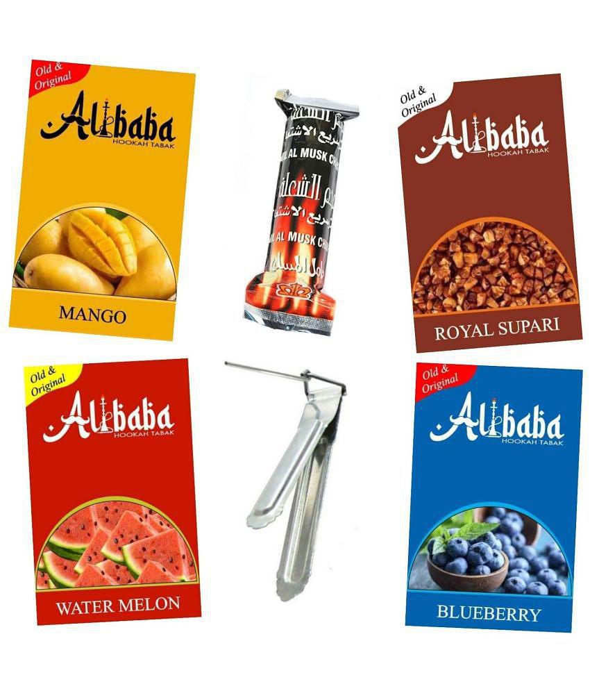 Alibaba Hookah Flavors Mango, Royal Supari, Water Melon, Bluberry With Coal And Chimta (Pack of 6 )