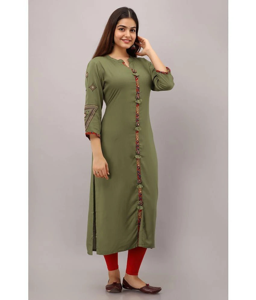 Buy Online Plo Preksha - Olive Rayon Womens Front Slit Kurti ( Pack of 1 ) - None