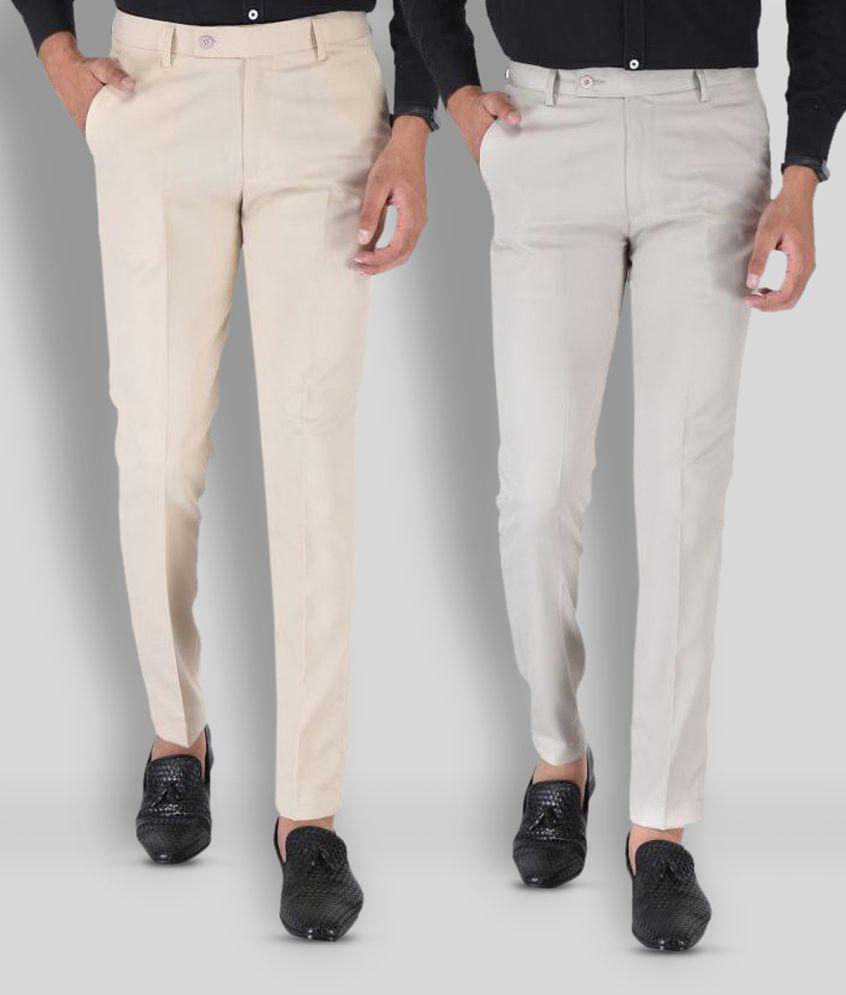 SREY - Cream Polycotton Slim - Fit Men's Formal Pants ( Pack of 2 ) - None