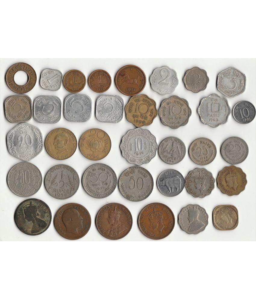 Sansuka 36 different India old coins one paisa, two paisa three paisa, 5paisa, 10 paisa, 20 paisa, 25 paisa, 50 paisa, one anna, British Quarter Anna. Coin Collection