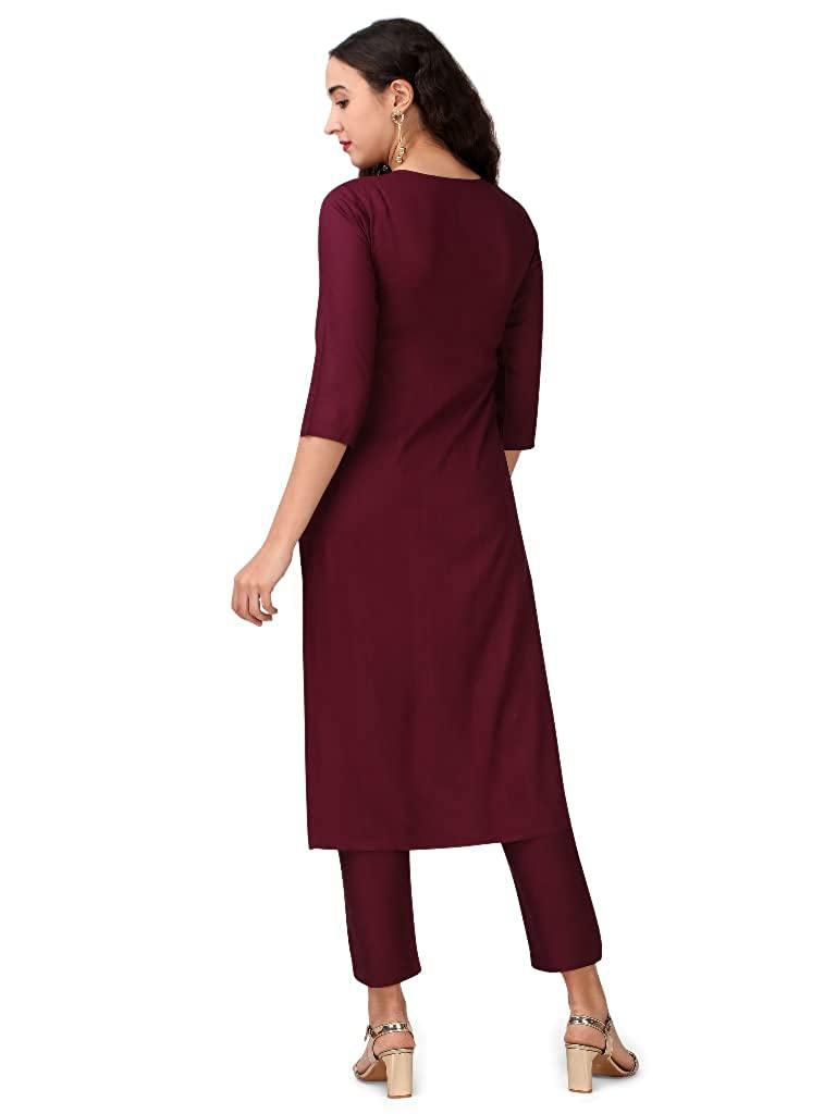 VEEKEEDA Womens Regular Plain V-Neck Straight Rayon Cotton Stitched Kurti with Bottom(XXL): MAROON - XXL