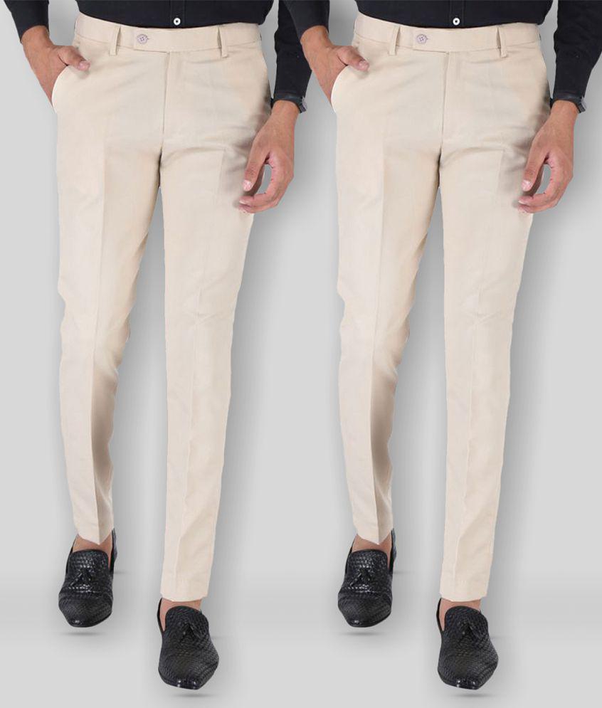 SREY - Cream Polycotton Slim - Fit Men's Trousers ( Pack of 2 ) - None