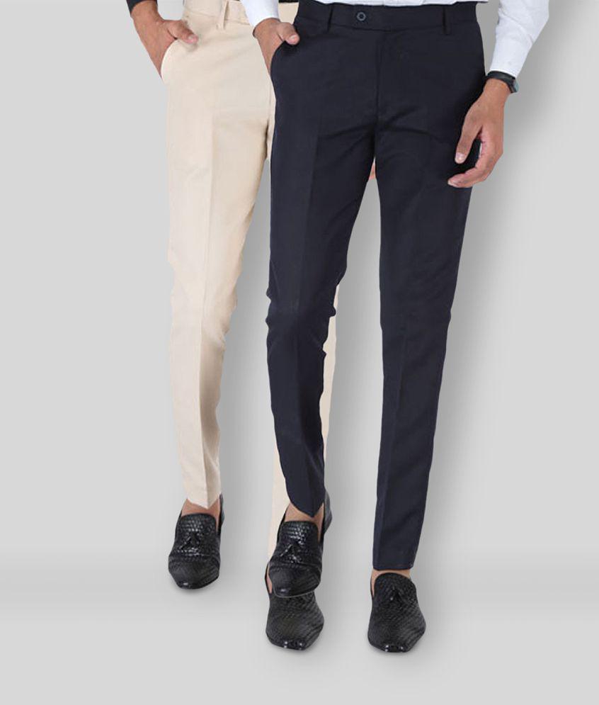 SREY - Cream Polycotton Slim - Fit Men's Formal Pants ( Pack of 2 ) - None