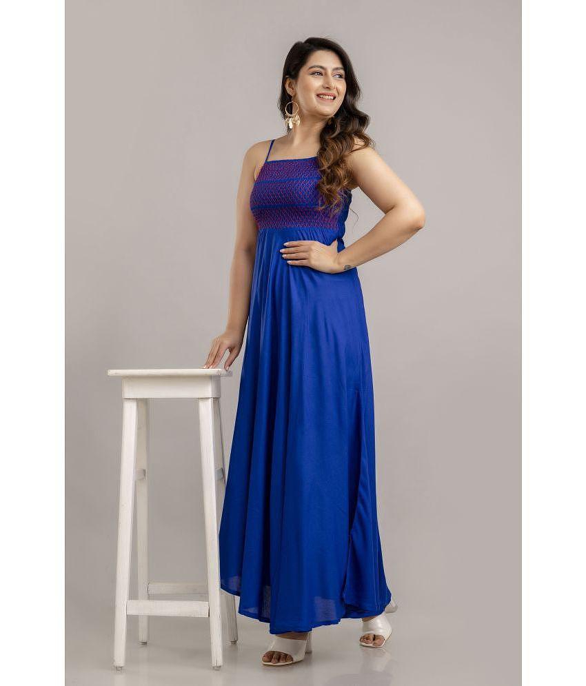 Best Men Frionkandy Rayon Embroidered Ankle Length Womens Fit & Flare Dress - Blue ( Pack of 1 )