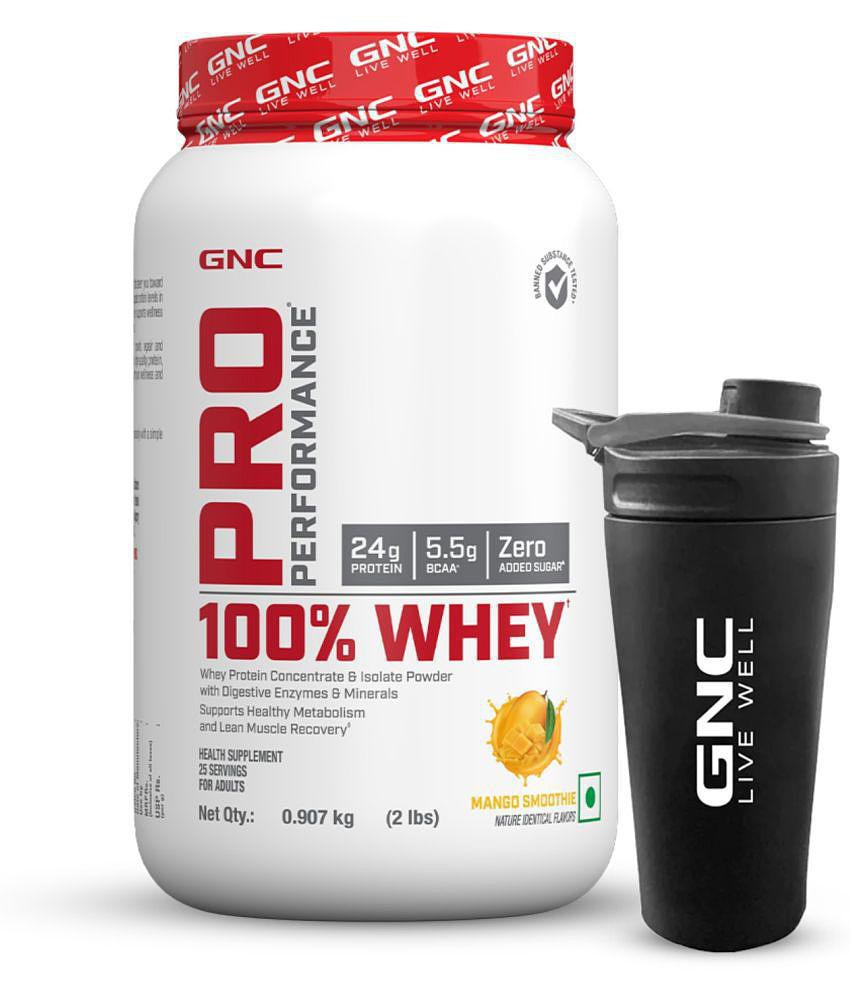 GNC Pro Performance 100% Whey Protein Powder- Mango Smoothie, 2 lbs & Steel Shaker (Combo)