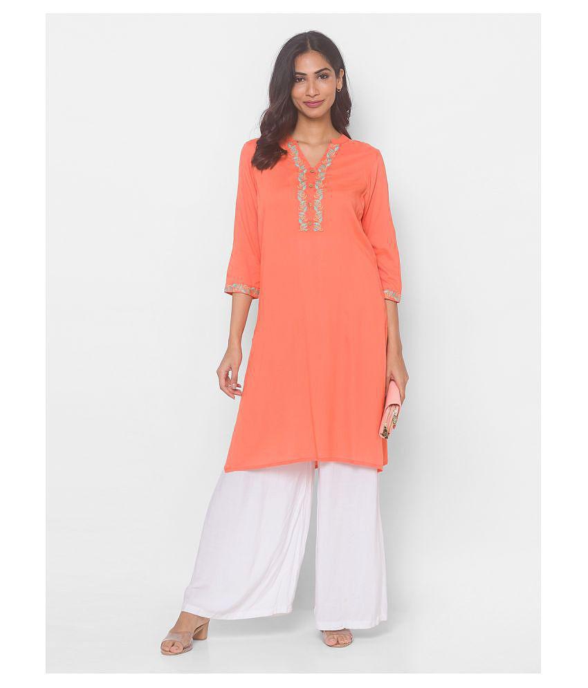 Globus - Peach Viscose Women''s Straight Kurti - M