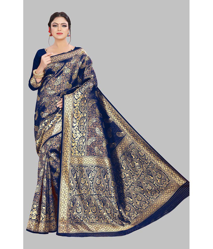 Om Shantam Sarees - Navy Blue Art Silk Saree With Blouse Piece ( Pack of 1 ) - Navy Blue