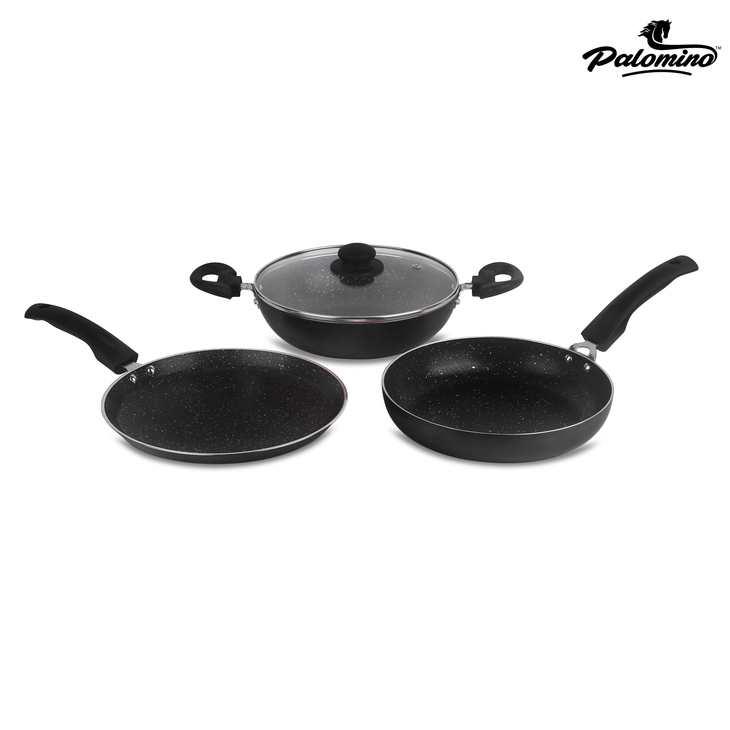 PALOMINO Induction Bottom Cookware Set (Aluminium, 4 - Piece) (COKWARE SET KADHAI WITH LID , FRY PAN & TAWA SET) Induction Bottom Non-Stick Coated Cookware Set  (Black Aluminium, 4 - Piece)