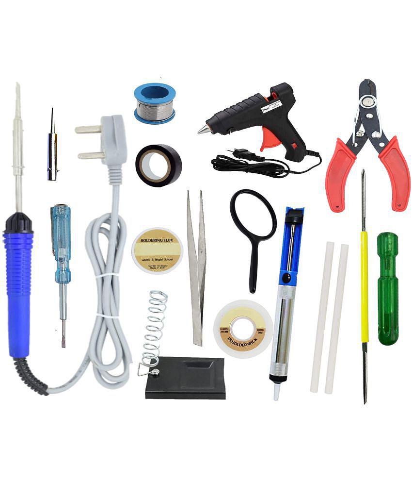 ALDECO: ( 16 in 1 ) 25 Watt Soldering Iron Kit With- Blue Iron, Wire, Flux, Wick, Stand, Cutter, Tweezer, Tester, Bit, Desoldering pump, 2 in 1 Screw Driver, Glue Gun, 2 Glue Stick, Tape