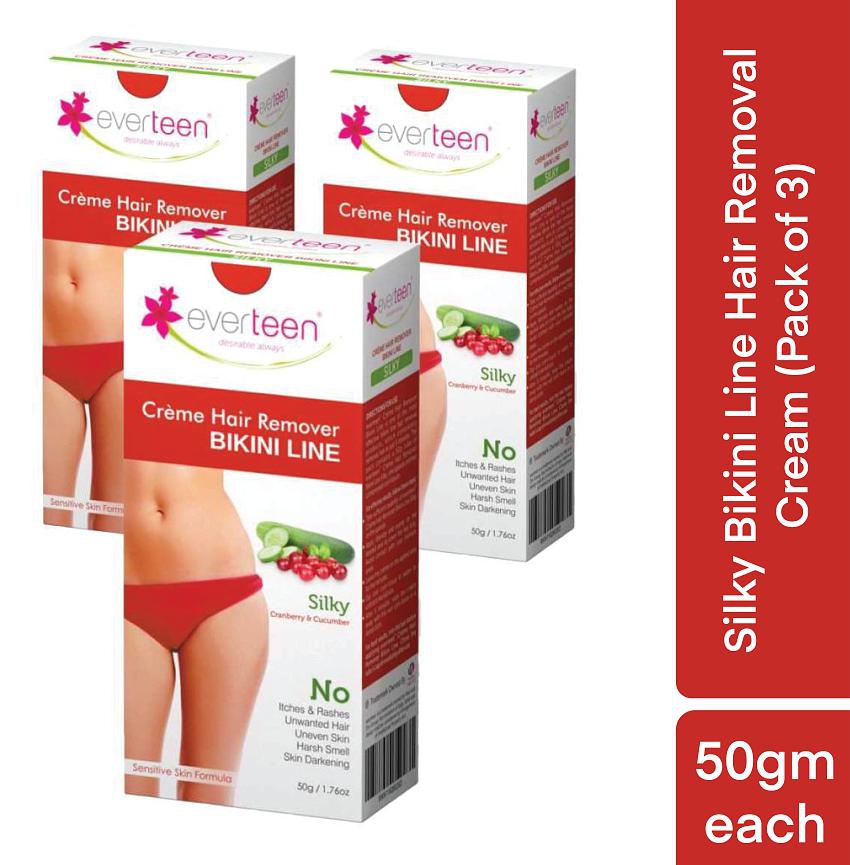 everteen SILKY Bikini Line Hair Remover Creme with Cranberry and Cucumber - 3 Packs (50g Each)