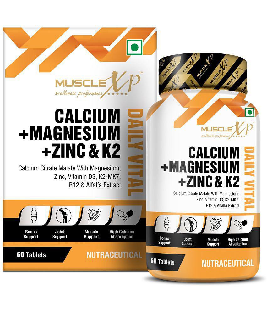 MuscleXP Calcium + Magnesium + Zinc & K2-MK7 Daily Vital with Alfalfa Extract, B12 and D3, 60 Tablets