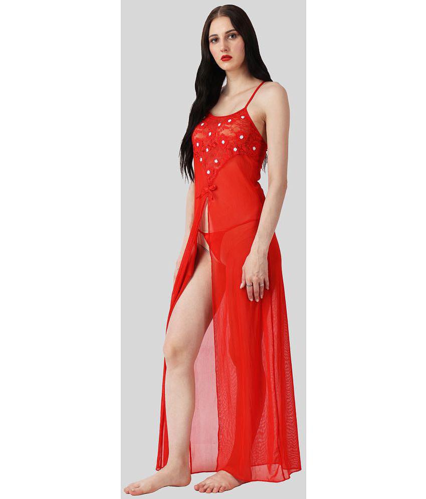 D Naked - Red Net Women's Nightwear Nighty & Night Gowns ( Pack of 1 ) - None