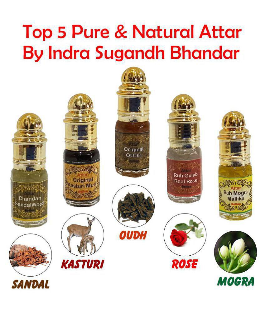 INDRA SUGANDH BHANDAR - Chandan/Sandalwood Kasturi, Oudh, Gulab, Mogra Attar For Men & Women 3ml Pack Of 1