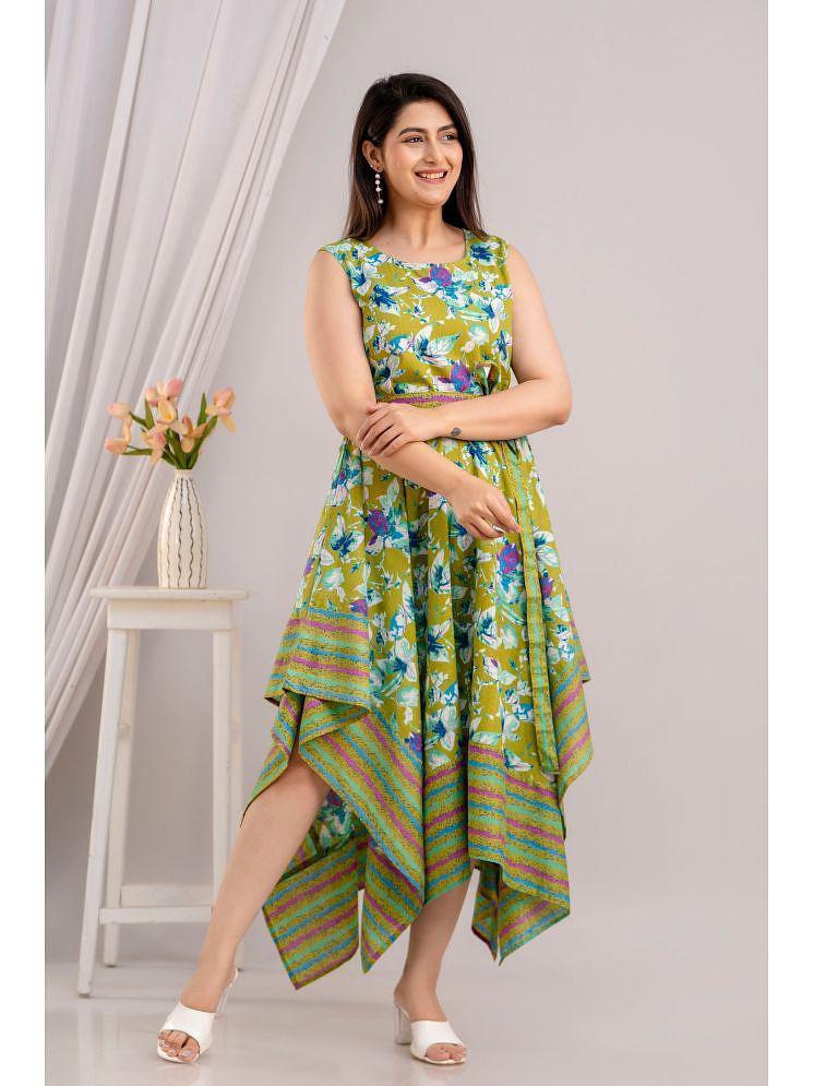Stylish Men Frionkandy Cotton Printed Ankle Length Womens Asymmetric Dress - Green ( Pack of 1 )