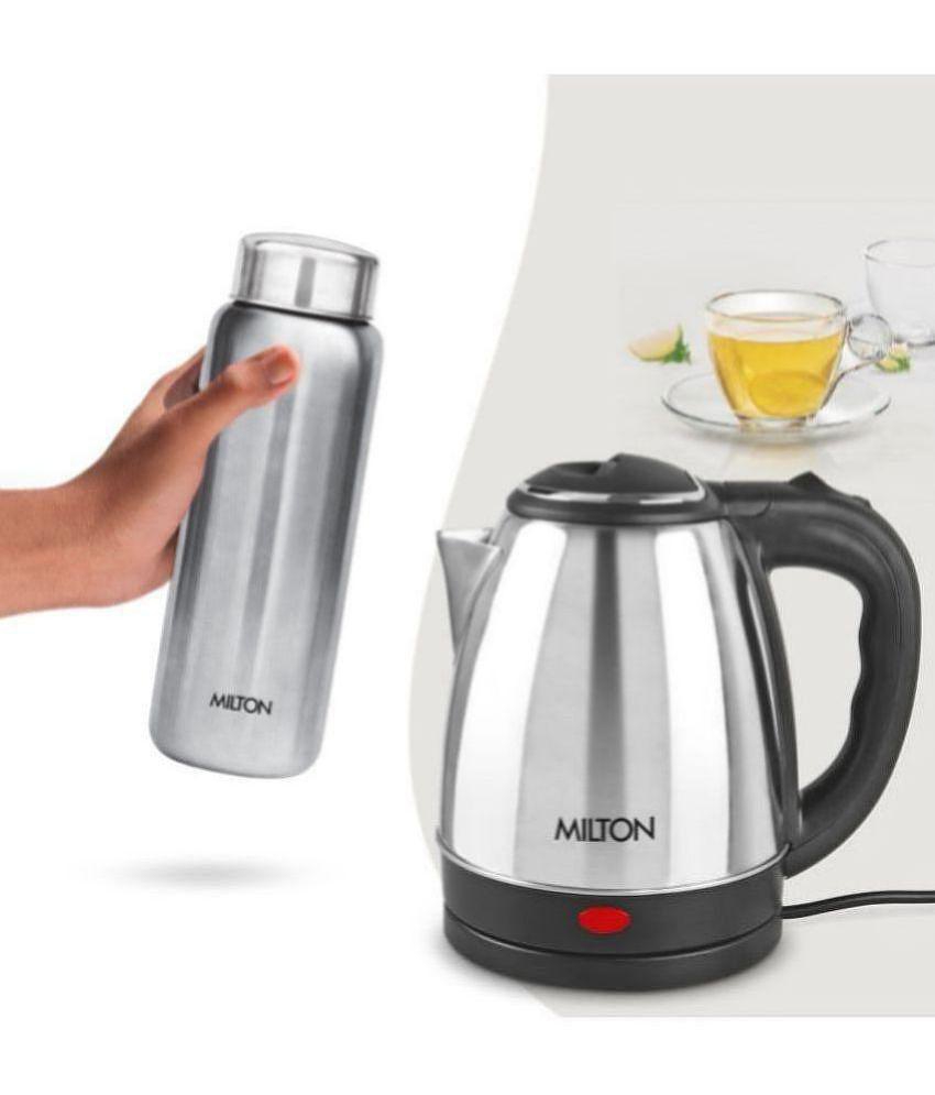 Milton Combo Set Go Electro Stainless Steel Kettle, 1.2 Litres, Silver and Aqua 750 Stainless Steel Water Bottle, 750 ml, Silver | Office | Home | Kitchen | Travel Water Bottle