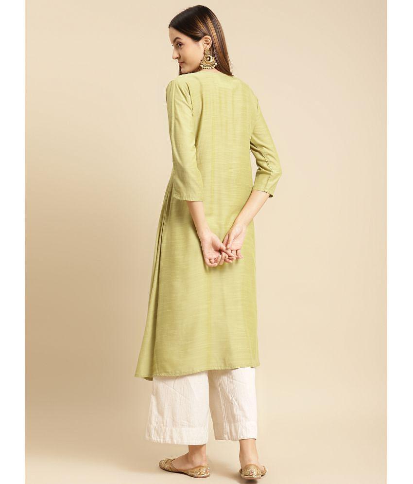 Rangita Women Mint Green Yoke Zari Embroidered Calf Length A-line Kurti - L, Mint Green