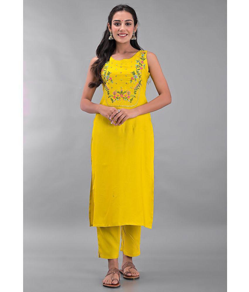 Buy Online Plo Maquien - Yellow Straight Rayon Women's Stitched Salwar Suit ( Pack of 1 ) - None