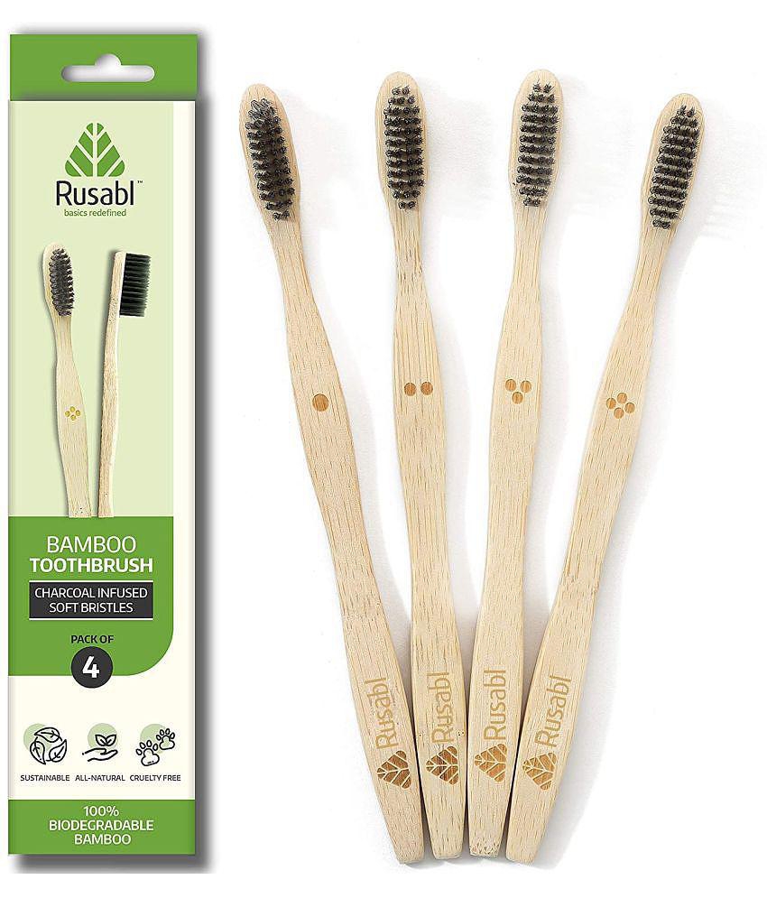 Rusabl Bamboo Toothbrush with Charcoal Activated Soft Bristles antibacterial and biodegradable- Adult Pack (4 Adult Bamboo Toothbrush)