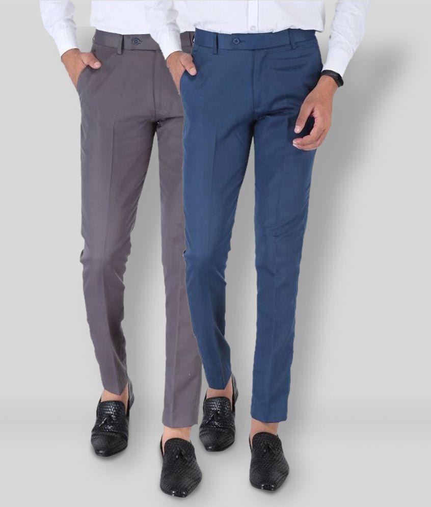 SREY - Grey Cotton Blend Slim Fit Men's Formal Pants (Pack of 2) - None