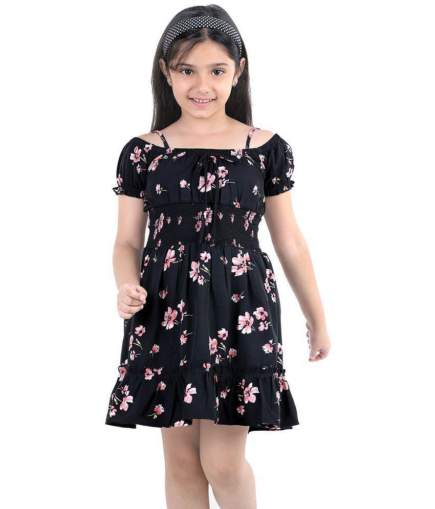 Naughty Ninos Girls Black Floral Printed Off Shoulder Dress - None