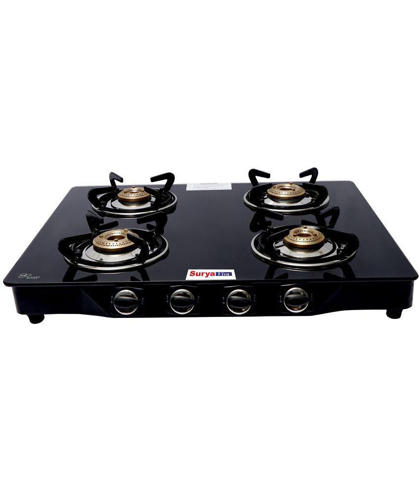 Suryaviva Nano 4B Ms Bk Toughened Glass 4 Cast Iron Burner Gas Stove(Manual Ignition,Black)