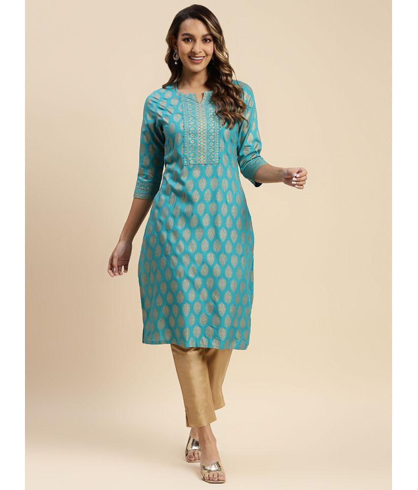 Rangita Women Rayon Turquoise Gold Printed Knee Length Straight Kurti - XXL, Turquoise