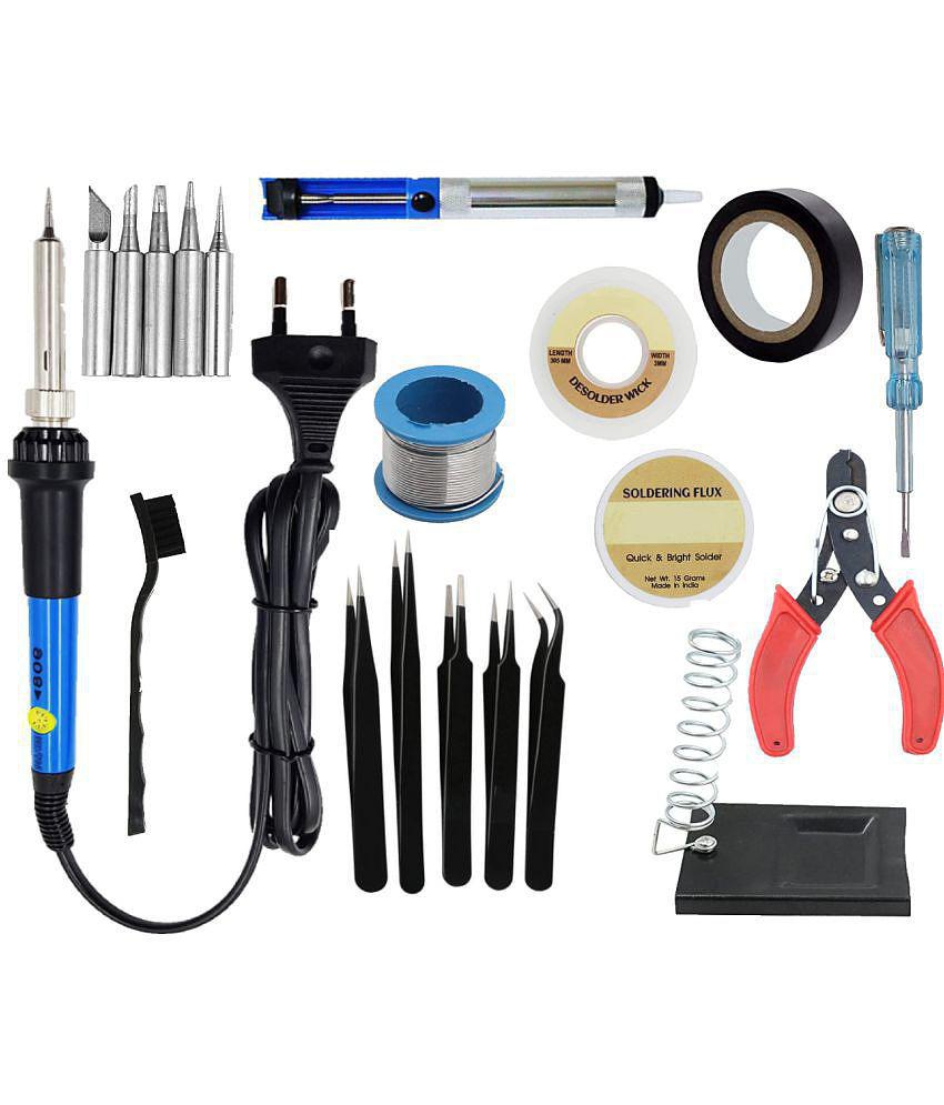 ALDECO: ( 20 in 1 ) 25 Watt Soldering Iron Kit With- Heavy Iron, 5 Pcs Bit Set, Wire, Flux, Wick, Stand, Tape, Cutter, Tester, Desoldering Pump, Brush, 5 Pcs Tweezer Set