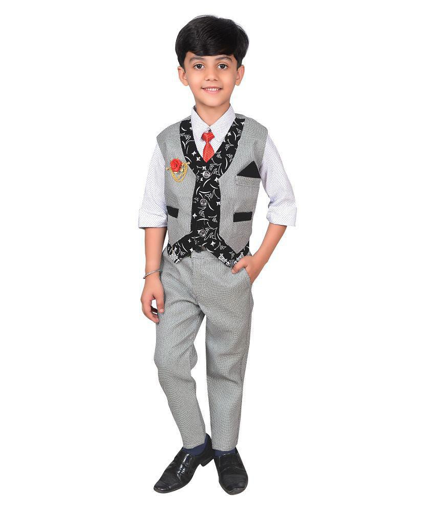 Ahhaaaa Kids Ethnic Wear Cotton Blend Waistcoat Shirt and Trouser Set for Boys - None