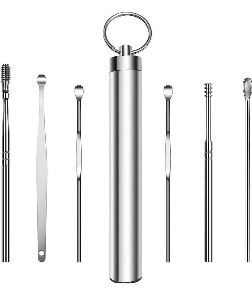 Ear Wax Cleaner (6 Pc) Reusable Ear Wax Cleaner Reusable Removal Kit Steel Ear Cleansing Tool Set Spiral Ear Curette Tool with Cleaning Brush For Kids Man Woman (STEEL)