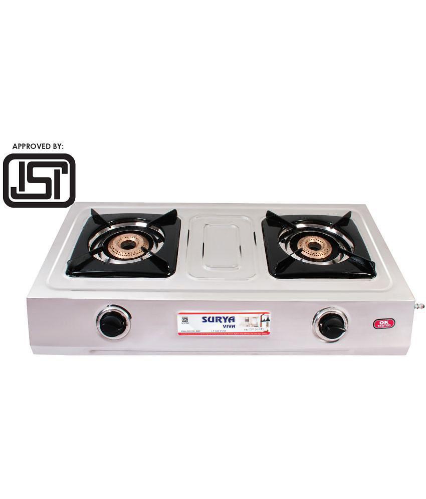 Suryaviva Super 2B Ss Stainless Steel 2 Cast Iron Burner Gas Stove(Manual Ignition,Silver)