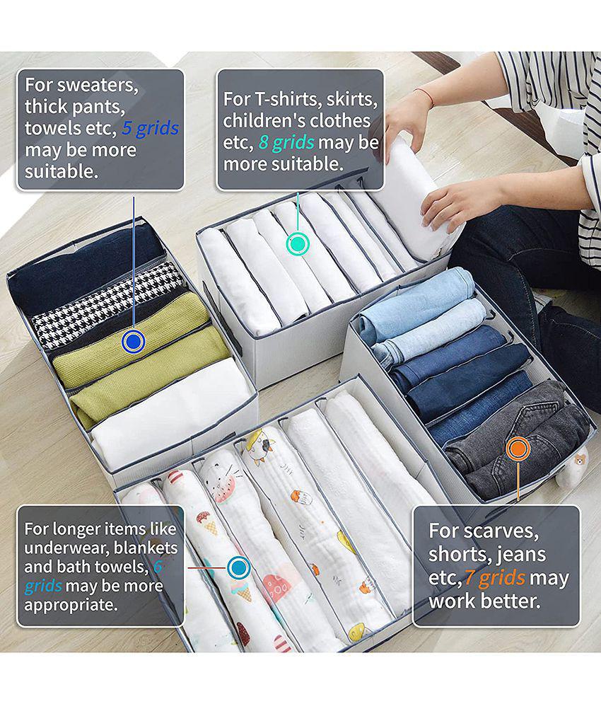 HOMETALES Non-Woven 6 Compartments Foldable Wardrobe Storage Organisers for Shirt, Denims, Pants, T-Shirt,White (1U)