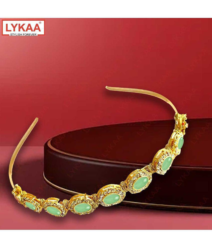 Trendy Men Lykaa Kundan Jewellery Green Plated Hair Band Mathapatti Head Band For Women and Girl