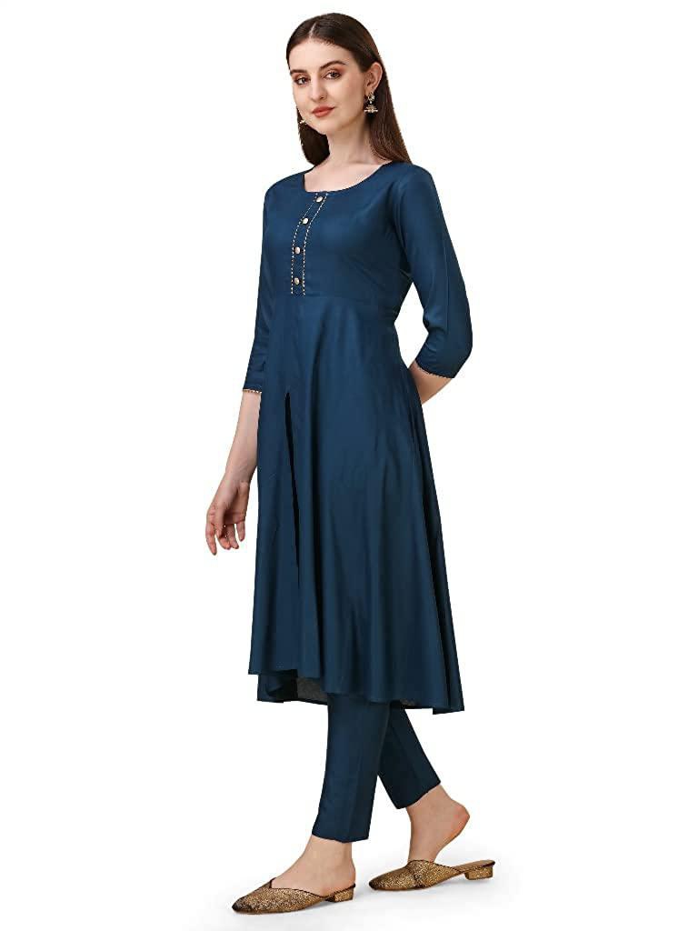 VEEKEEDA Womens Regular Plain Round Neck Straight Rayon Cotton Stitched Kurti with Plain Bottom(M): BLUE - M