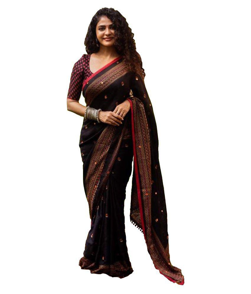 Bhuwal Fashion - Black Jute Saree With Blouse Piece (Pack of 1)