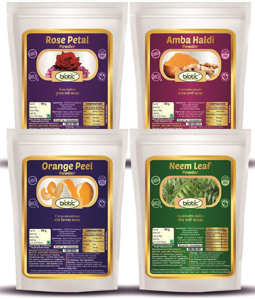 Biotic Rose Petal, Amba Haldi ,Orange Peel & Neem Leaf Powder for Face Hair 400 gm Pack of 4