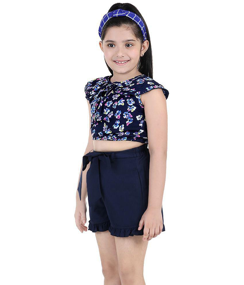 Naughty Ninos Girls Navy Blue Floral Printed Top with Short - None