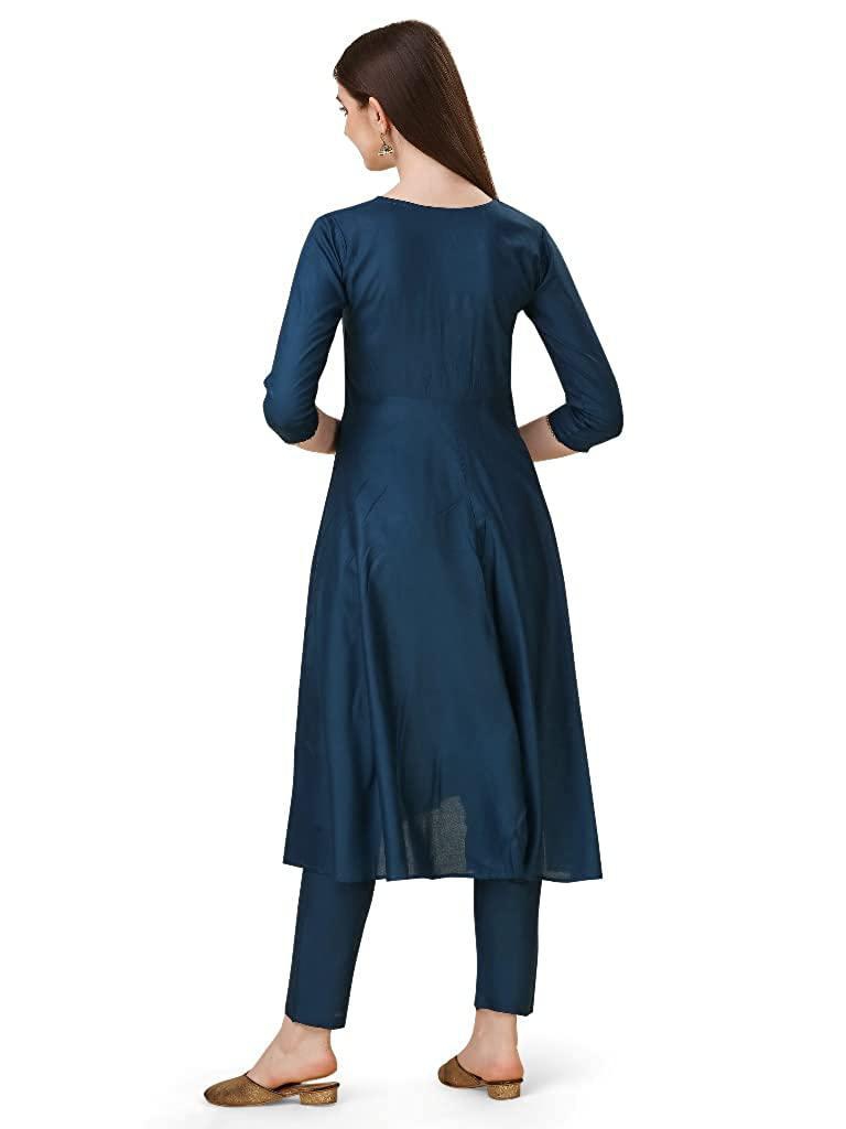 VEEKEEDA Womens Regular Plain Round Neck Straight Rayon Cotton Stitched Kurti with Plain Bottom(M): BLUE - M