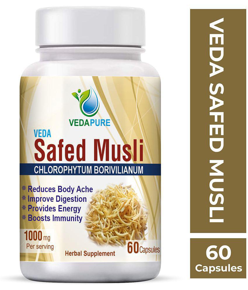 VEDAPURE Organic Safed Musli Capsule Helps in Bones & Joints Boosts Energy, Immunity & Stamina 1000mg 60 Capsules (Pack of 1)