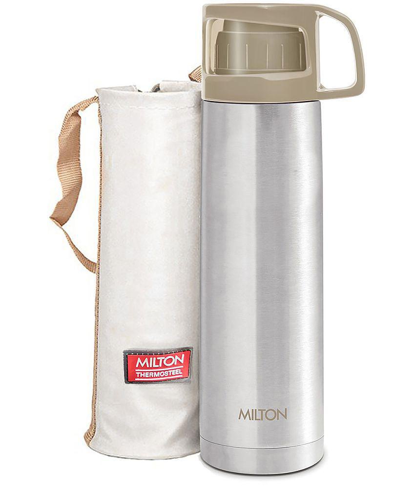 Milton Glassy 500 Thermosteel 24 Hours Hot and Cold Water Bottle with Drinking Cup Lid, 500 ml, Grey - Grey