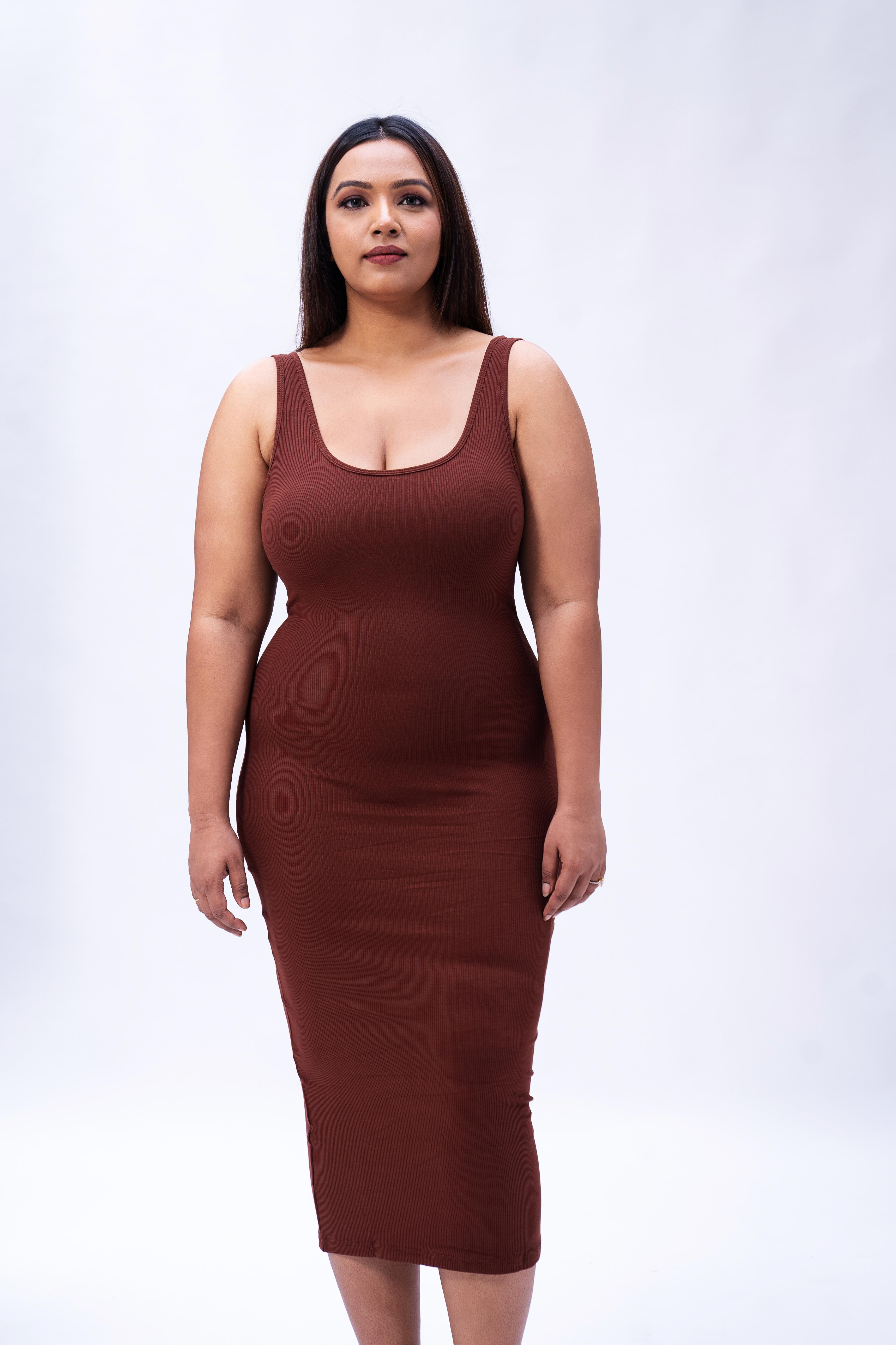 Built In Bra and Shapewear Brown Thick Straps Deep Back Midi Dress - L