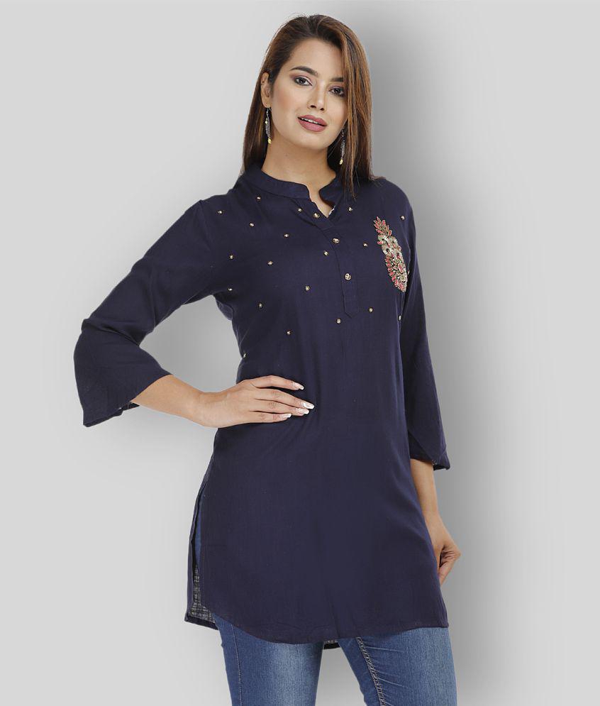 Buy Online Plo HIGHLIGHT FASHION EXPORT - Navy Rayon Women's Straight Kurti ( Pack of 1 ) - L