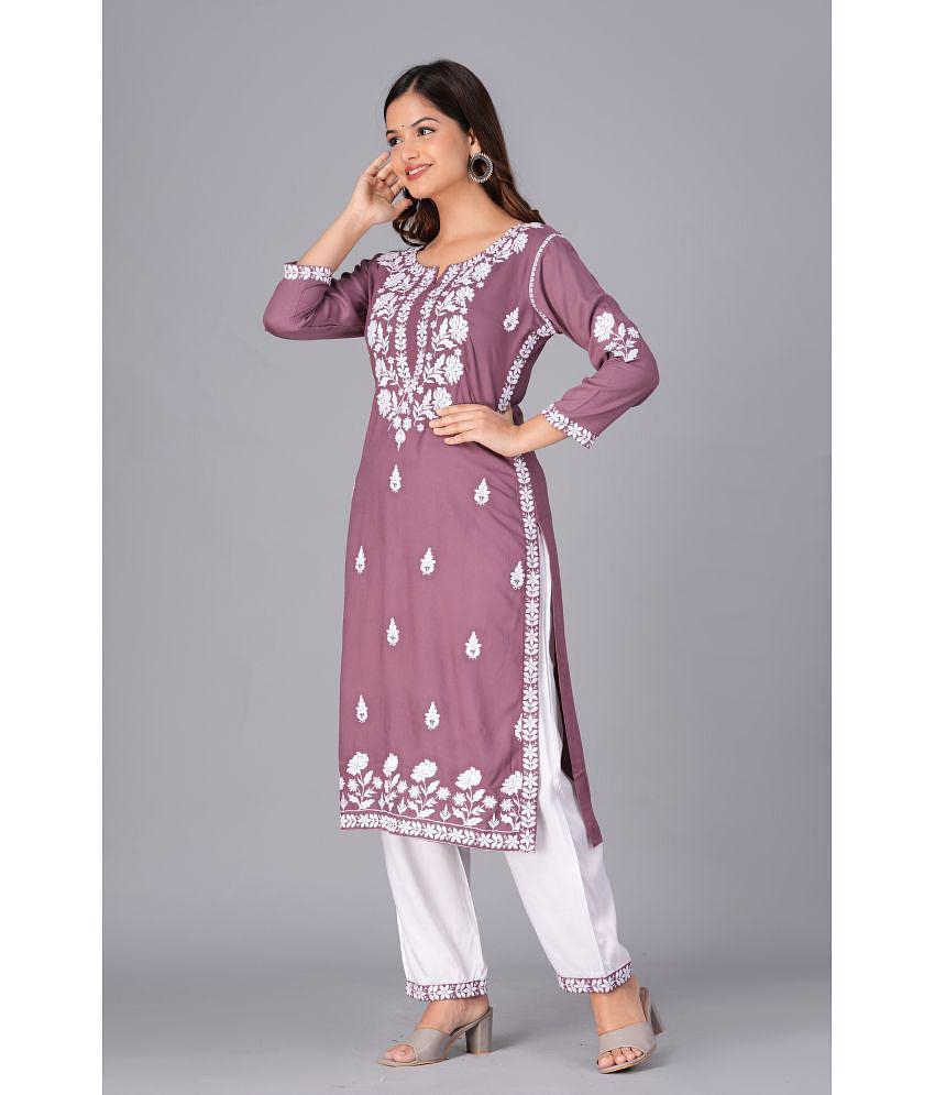 Doriya Cotton Blend Embroidered Kurti With Pants Women''s Stitched Salwar Suit - Purple ( Pack of 1 ) - None