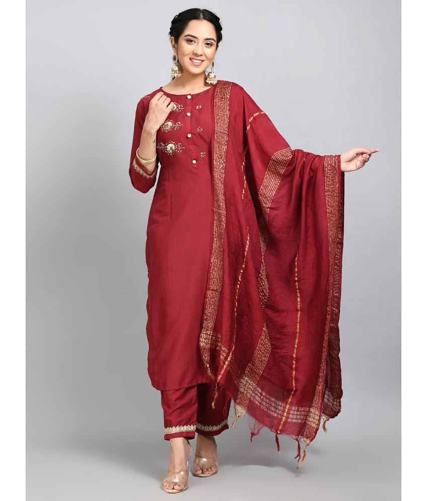 Desinoor - Maroon Straight Cotton Silk Women''s Stitched Salwar Suit ( Pack of 1 ) - None