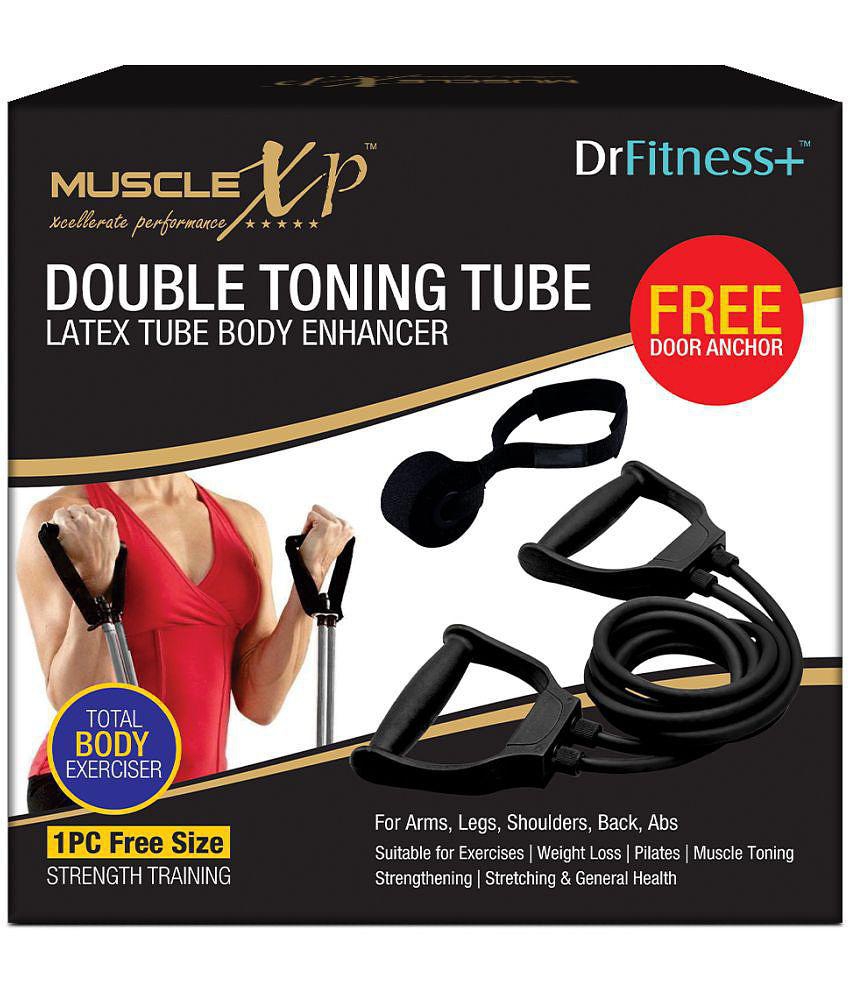 MuscleXP DrFitness+ Double Toning Tube Latex Tube Body Enhancer For Women & Men with Door Anchor, Workout, Home Gym and Toning, For Arms, Legs, Shoulders (Black) - Black