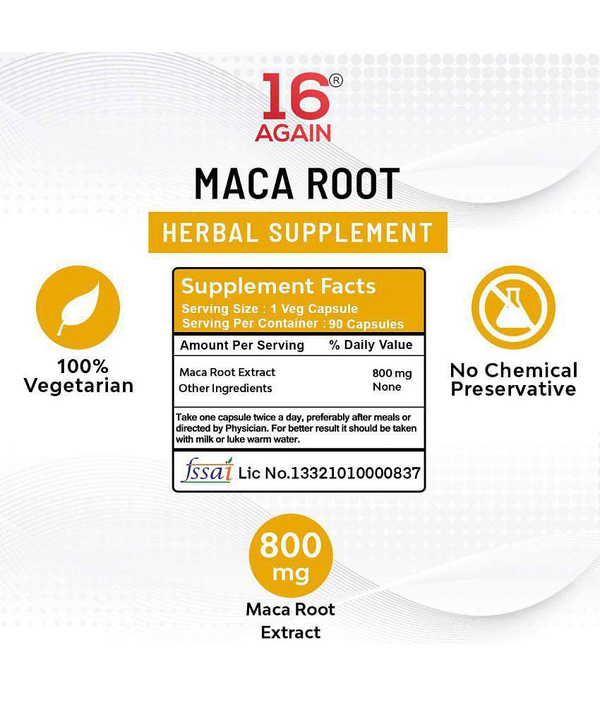 16Again Maca Root Extract Capsule 800 mg 100% Natural Organic Maca Root Powder - 90 Capsules |Supports Strength, Stamina, Performance and Energy