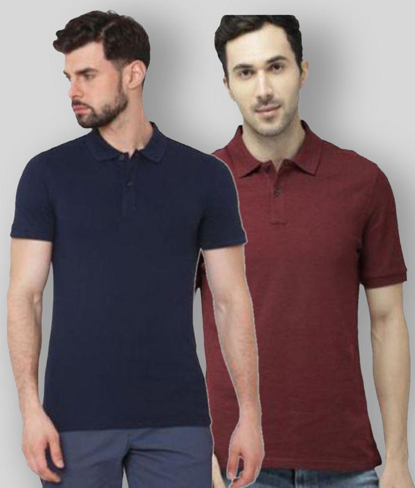 FASHION365 - Navy Blue Cotton Blend Slim Fit Men's Polo T shirt ( Pack of 2 ) - None