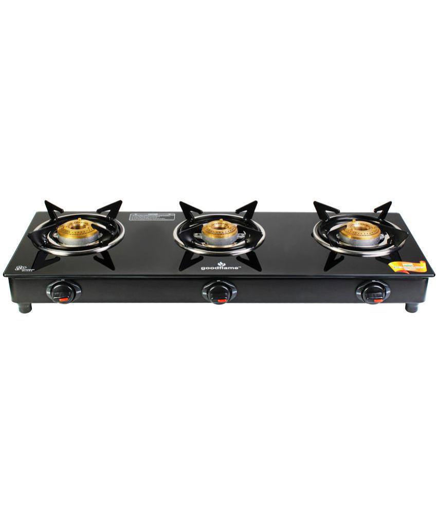 Goodflame Photon 3B Ms Bk Toughened Glass 3 Brass Burner Gas Stove(Manual Ignition,Black) - Black