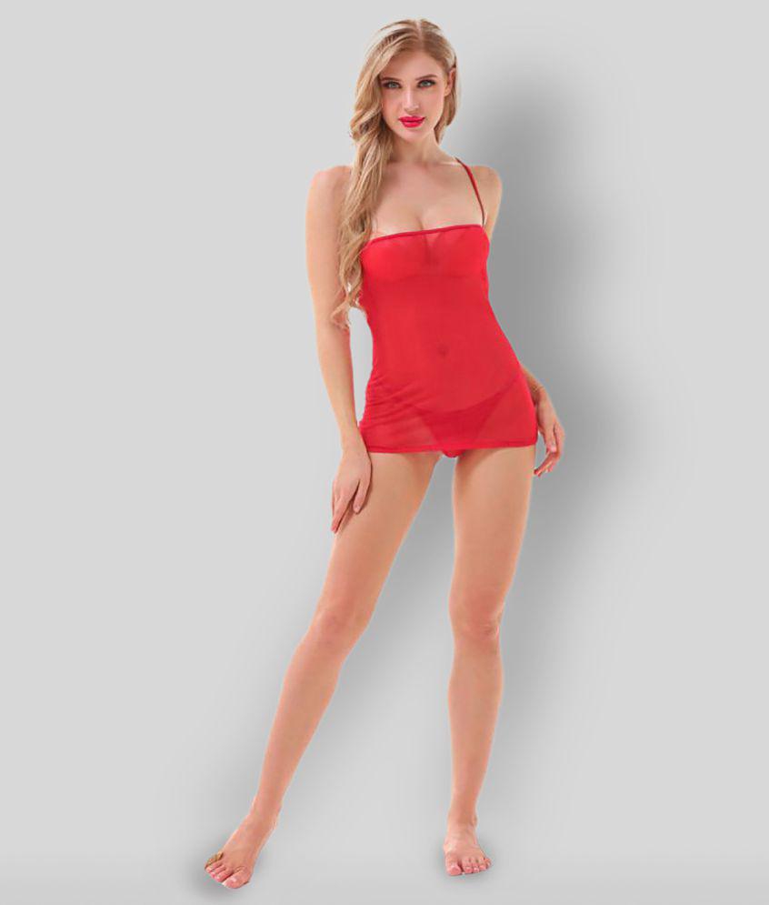 D Naked - Red Lycra Women's Nightwear Baby Doll Dresses With Panty ( Pack of 1 ) - Free Size