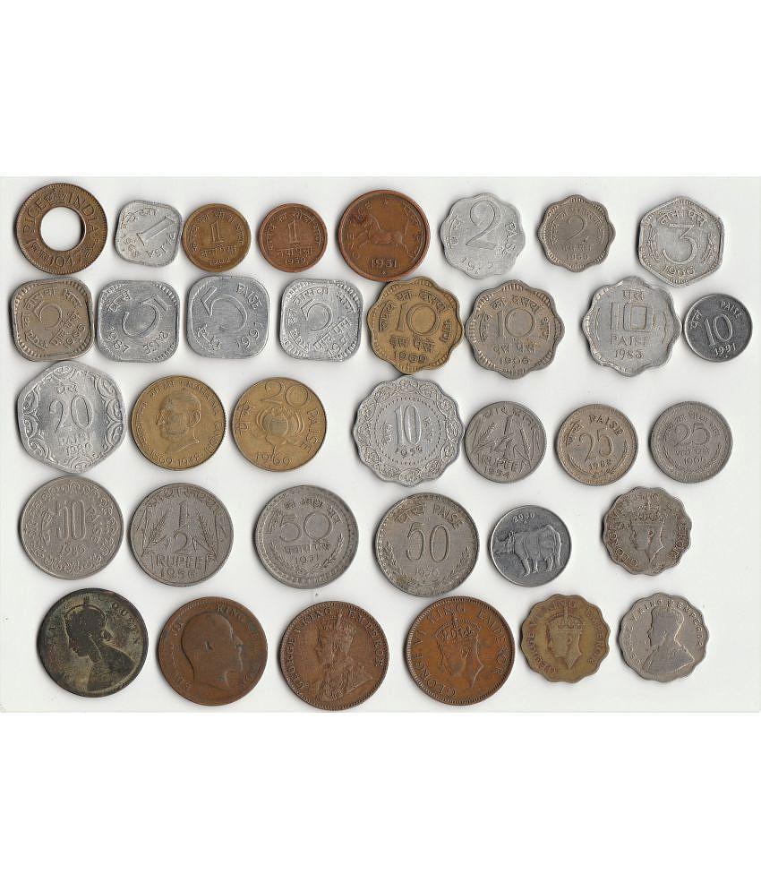 Sansuka 35 different India old coins one paisa, two paisa three paisa, 5paisa, 10 paisa, 20 paisa, 25 paisa, 50 paisa, one anna, British Quarter Anna. Coin Collection