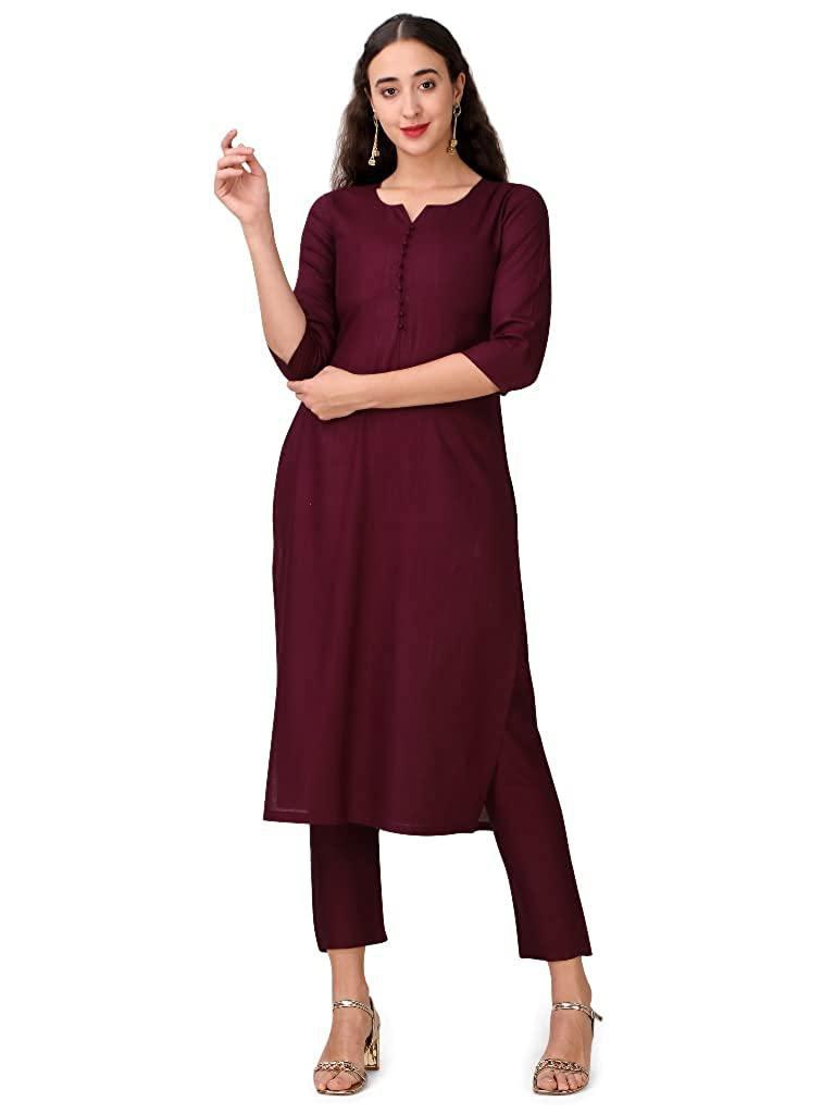 VEEKEEDA Womens Regular Plain V-Neck Straight Rayon Cotton Stitched Kurti with Bottom(M): MAROON - M